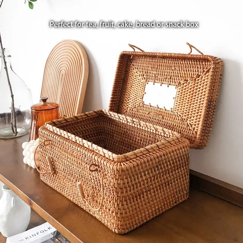 Natural tan decorbites handwoven rattan storage box with ceramic lid and sturdy handles for kitchen use