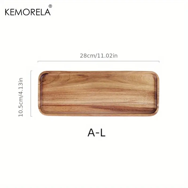 Rectangular natural light brown two-tone acacia wood coffee tray with visible grain branded kemorela decorbites acacia wood