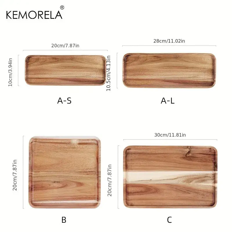 Kemorela natural two-tone acacia wood coffee tray with visible grain and rounded edges in four sizes for kitchen use