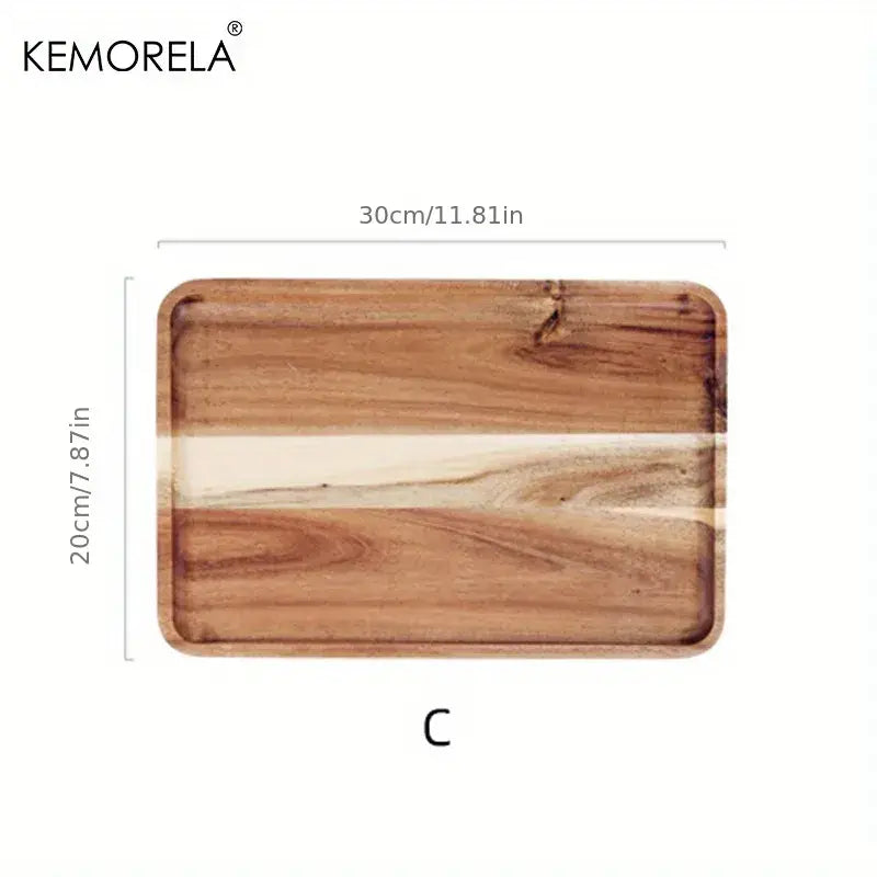 Rectangular natural two-tone acacia wood coffee tray with light stripe branded kemorela for kitchen serving