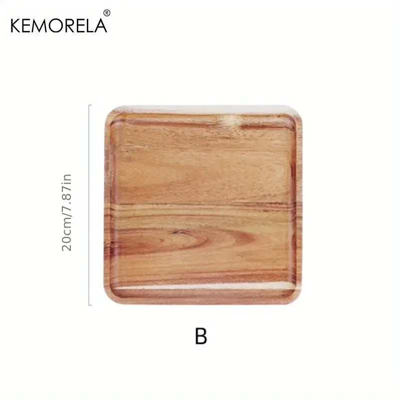 Square wooden coffee tray with natural light brown acacia wood finish and visible grain branded kemorela decorbites acacia wood