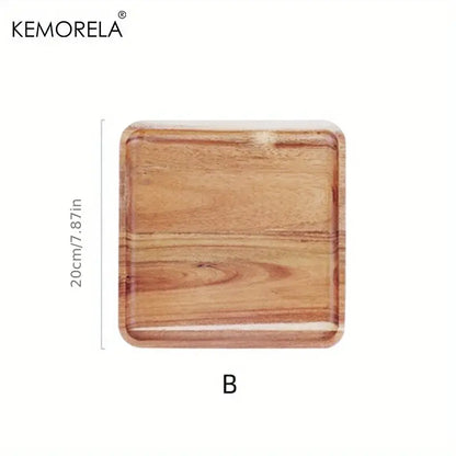 Square wooden coffee tray with natural light brown acacia wood finish and visible grain branded kemorela decorbites acacia wood