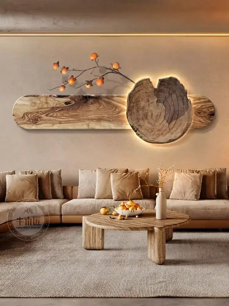 Natural wood backlit tree wall lamp painting featuring rustic handcrafted tree trunk slice for bedroom wall lamp decor