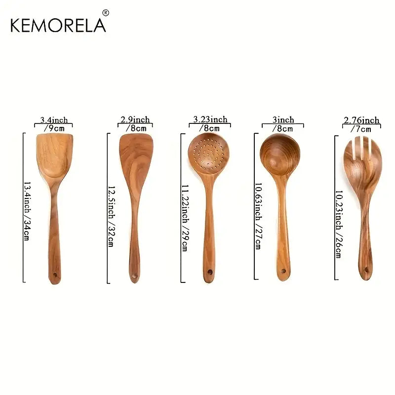 Set of five natural wooden tableware utensils by kemorela with polished finishes including spatula and spoons