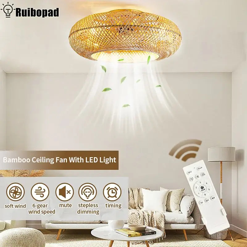Natural woven bamboo ceiling fan with rattan cage light featuring warm golden illumination for bedroom decorbites bamboo ceiling