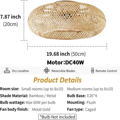 Natural woven bamboo ceiling fan with rattan cage light and metal gold finish for bedroom decorbites bamboo ceiling fan