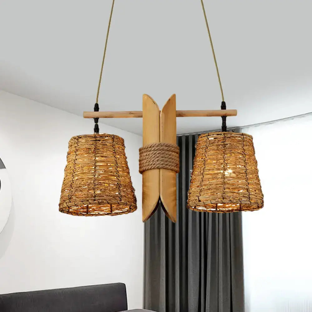 Natural woven rattan conic restaurant pendant ceiling light with beige heads and bamboo tube accent by decorbites