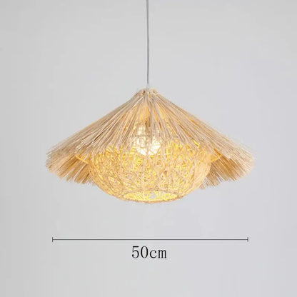 Natural woven rattan pendant light in warm golden straw with conical umbrella design for dining room lighting
