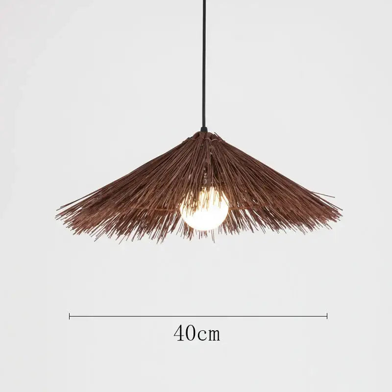 Brown thatched rattan pendant light with black cord 40cm diameter natural woven rattan pendant for dining room