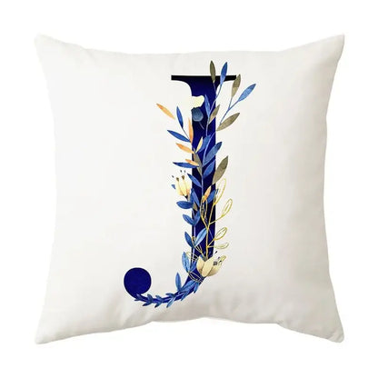 White throw pillowcase featuring a stylized letter j with blue alphabet flower foliage for bedroom decorbites decor