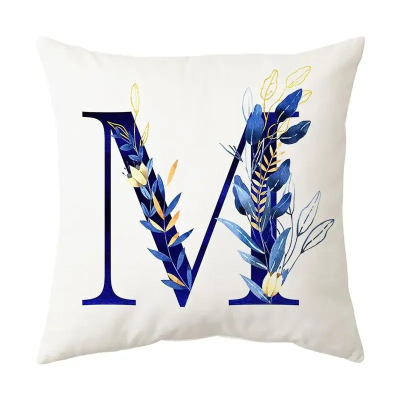 White throw pillow with navy and gold alphabet flower letter m for bedroom decorbites blue alphabet decor