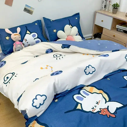 Navy blue and white cartoon printed bedding set with cute animal characters stars clouds and planets on soft fabric