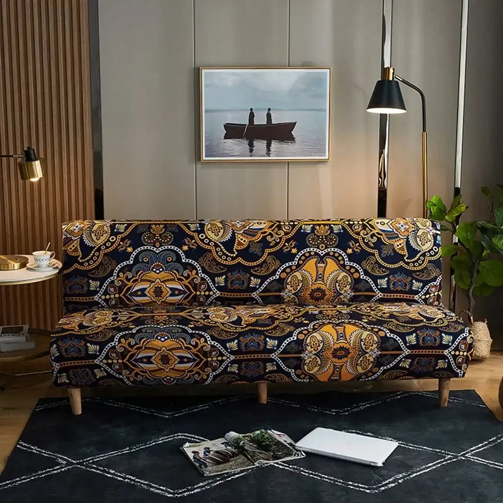 Navy blue and gold bohemian mandala futon sofa cover with intricate paisley floral motifs for living room decorbites sofa cover