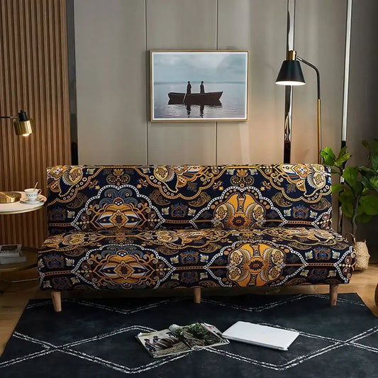 Navy blue and gold paisley-patterned decorbites bohemian mandala futon sofa cover with intricate floral motifs for living room
