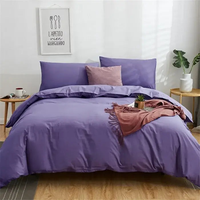 Purple duvet cover set with matching pillowcases and dusty rose throw blanket from navy blue solid color decorbites cotton 4pcs bedding set