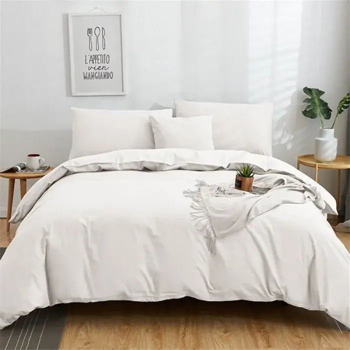 White cotton bedding set with subtle gray trim and pillowcases in solid color decorbites cotton 4pcs style