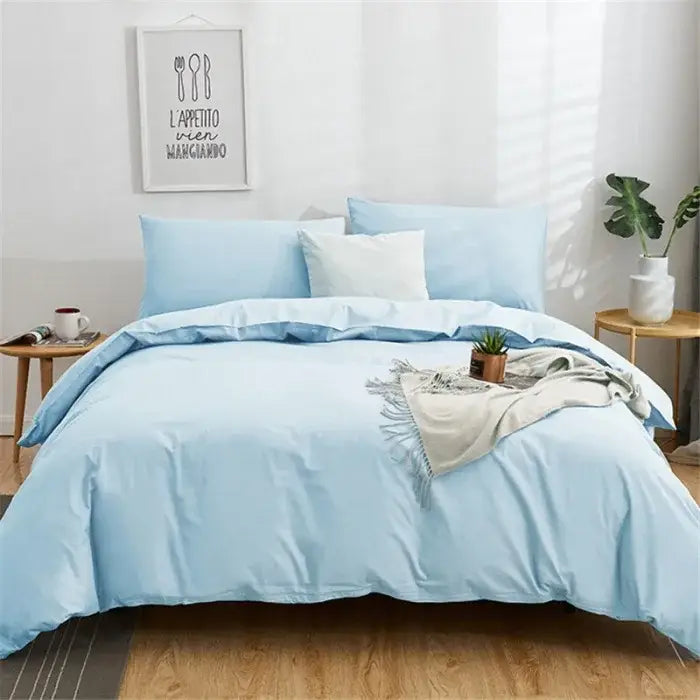 Light blue solid color bedding set with smooth fabric and subtle stitching decorbites cotton 4pcs for bedroom