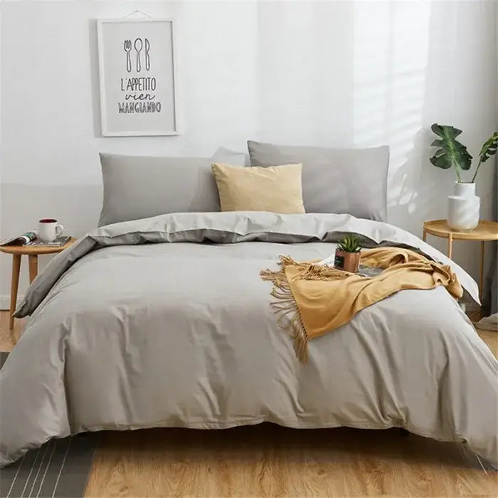 Gray duvet cover set with subtle texture and mustard throw in navy blue solid color decorbites cotton 4pcs bedding set