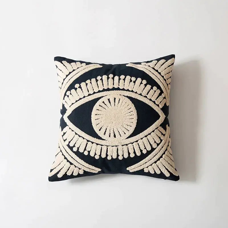 Black cushion pillow cover with cream embroidered cotton eye design for living room decorbites tufted decor