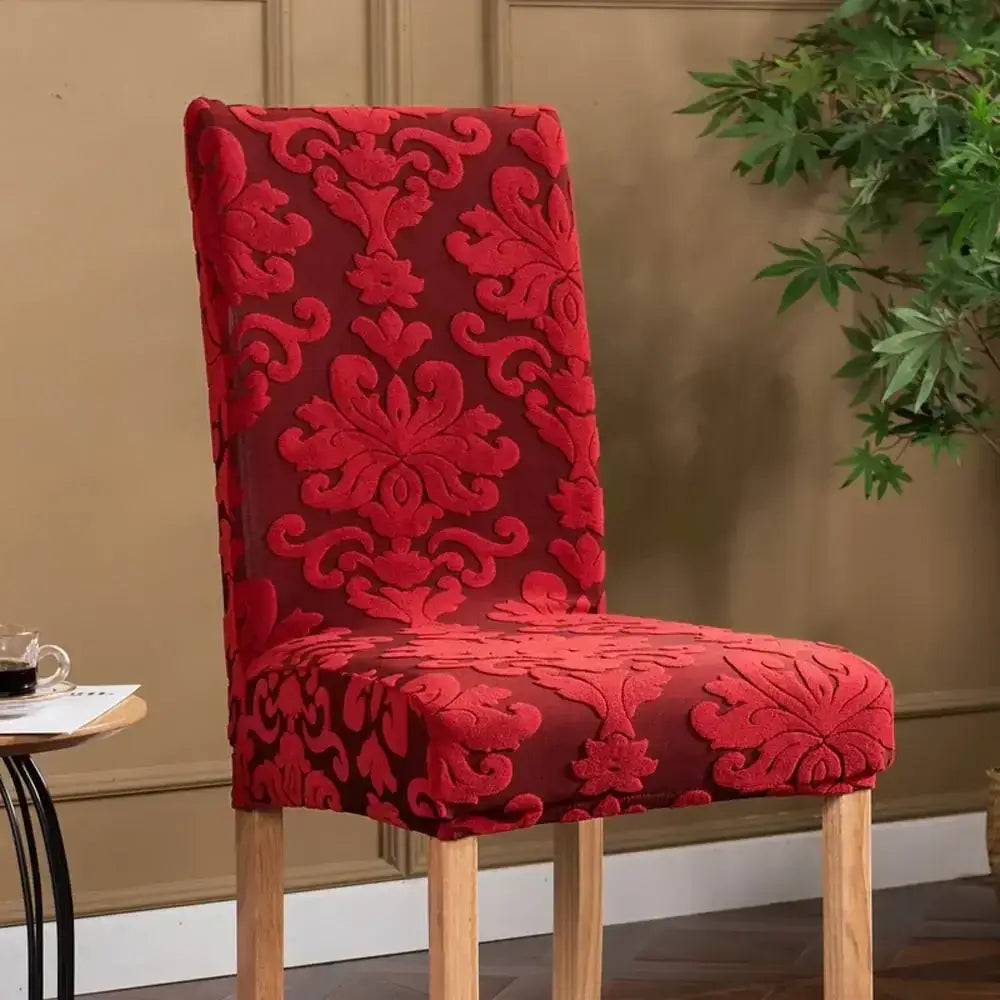 Red damask-patterned stretch chair cover with decorbites 3d embossed print for dining room chair covers