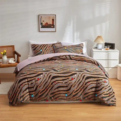 Cozy cosmos luminous bedding set with bold abstract wavy lines in earthy browns and colorful polka dots for decorbites