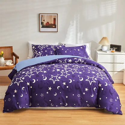 Purple star and moon patterned duvet set with light blue lining for decorbites cosmos luminous bedding set