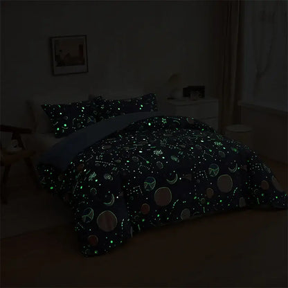 Navy space planet bedding set with decorbites cosmos luminous glow-in-the-dark celestial comforter cover