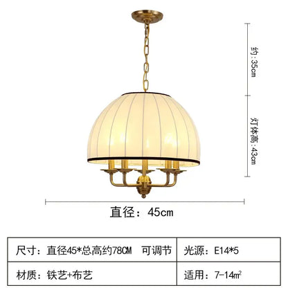 A neoclassical cream striped pendant light featuring a brass frame and cream ribbed fabric shade with five e14 sockets