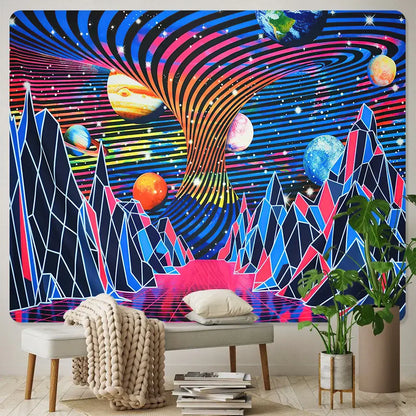 Vibrant neon psychedelic bohemian tapestry featuring glowing planets and geometric mountains in blues and pinks by decorbites bohemian