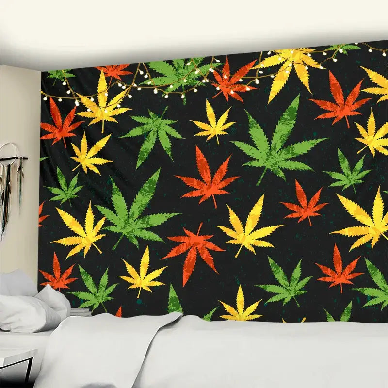 Black wall tapestry with vibrant red green and yellow cannabis leaves for bedroom wall decor printed maple leaf style