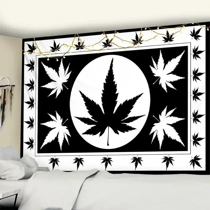Black and white printed maple leaf tapestry with central silhouette design for bedroom wall decor