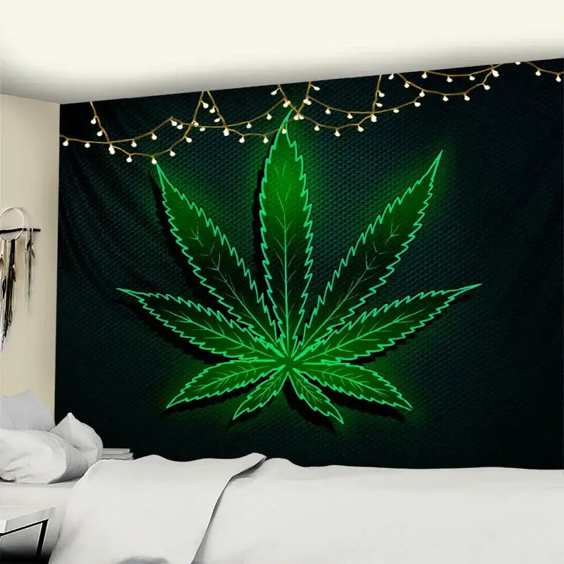 A vibrant neon green printed maple leaf design on dark fabric tapestry for bedroom wall decor