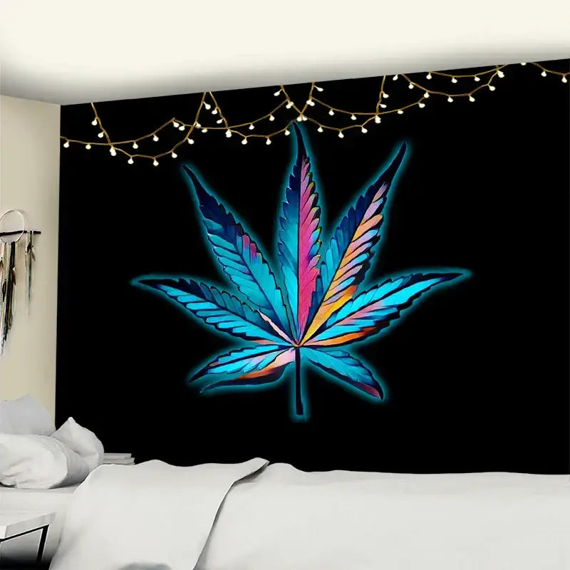 Vibrant neon purple and blue printed maple leaf tapestry with glowing gradient design for bedroom wall decor