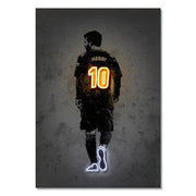 DecorBites modern neon sports stars wall art poster featuring a soccer player in black jersey with glowing orange 10 and white shoes