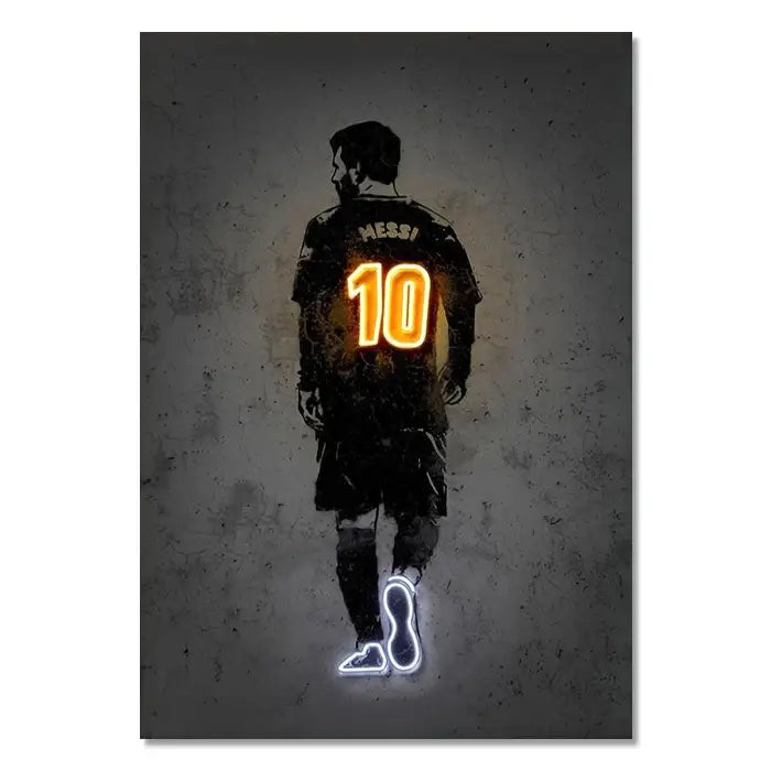 DecorBites modern neon sports stars wall art poster featuring a soccer player in black jersey with glowing orange 10 and white shoes