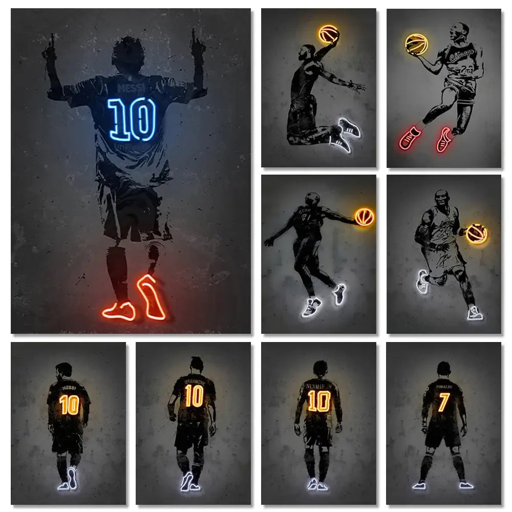 Decorbites™ modern neon sports stars wall art poster featuring glowing football and basketball players with illuminated numbers