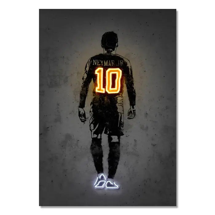 A stylized neon-lit wall art poster of neymar jr silhouette from DecorBites modern neon sports stars collection