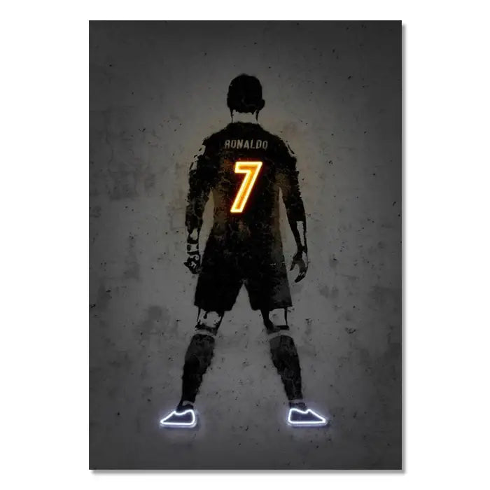 Decorbites™ modern neon sports stars wall art poster of soccer player ronaldo in black uniform with glowing orange 7