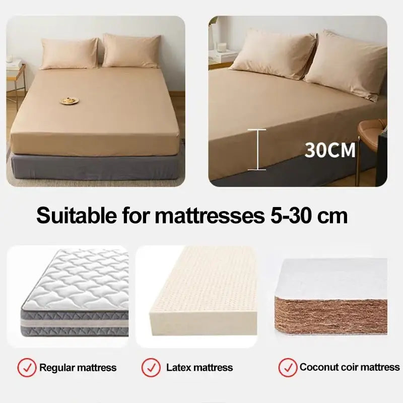 Beige microfiber double bed elastic fitted sheet designed for mattresses 5-30 cm thick including latex and coir types