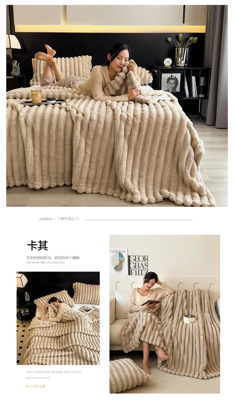 Cream-colored plush knitted throw blanket with textured ribbed pattern for sofa or bed featuring soft bamboo fiber