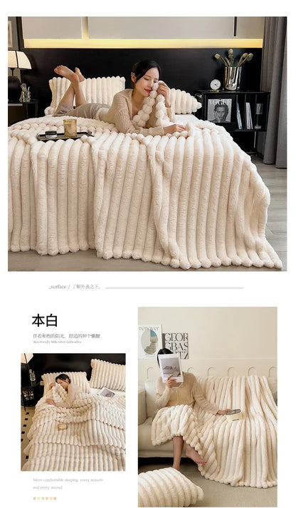 Cream-colored plush ribbed throw blanket made of soft coral fleece and bamboo fiber for warm autumn beds and sofas