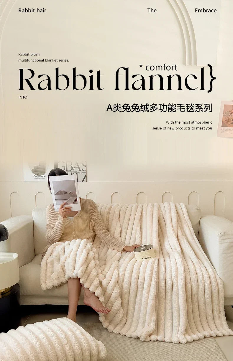 Cream-colored plush rabbit flannel blanket with ribbed texture made from bamboo fiber for warm autumn use
