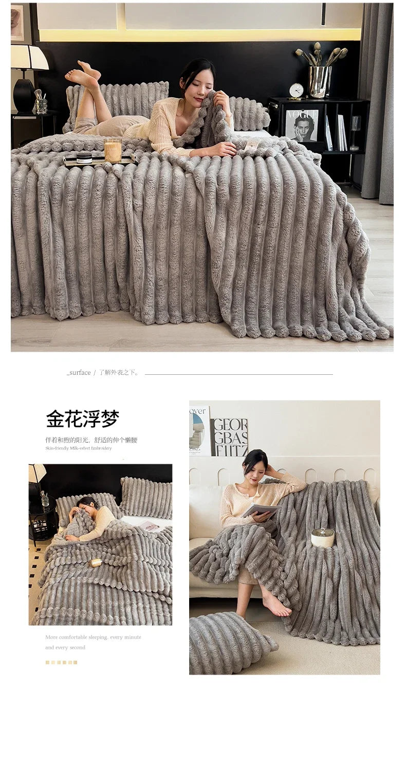A plush gray ribbed knit throw blanket made of soft coral fleece and bamboo fiber for autumn and sofa use