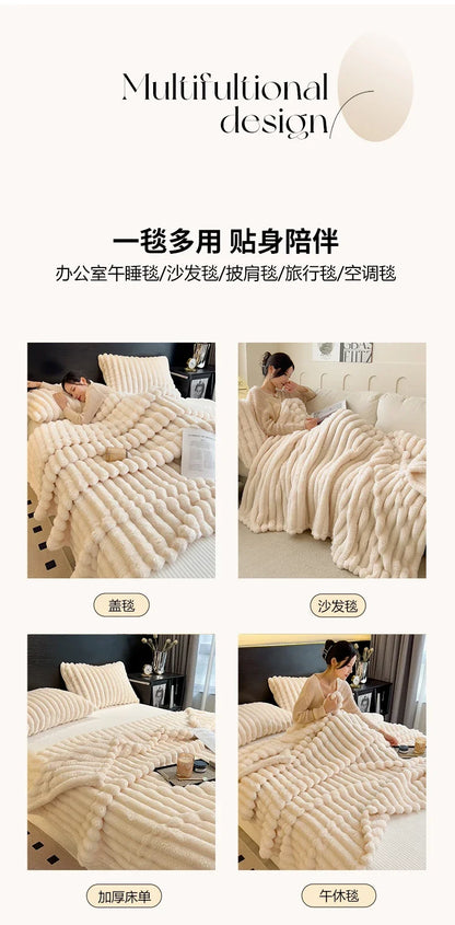Cream-colored plush knit throw blanket with chunky weave made from bamboo fiber for autumn warmth and bed comfort