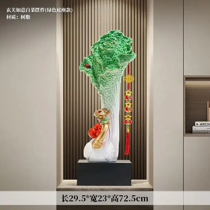 New chinese green and white ceramic decorbites cabbage ornament with intricate leaves and golden dragon for office decor