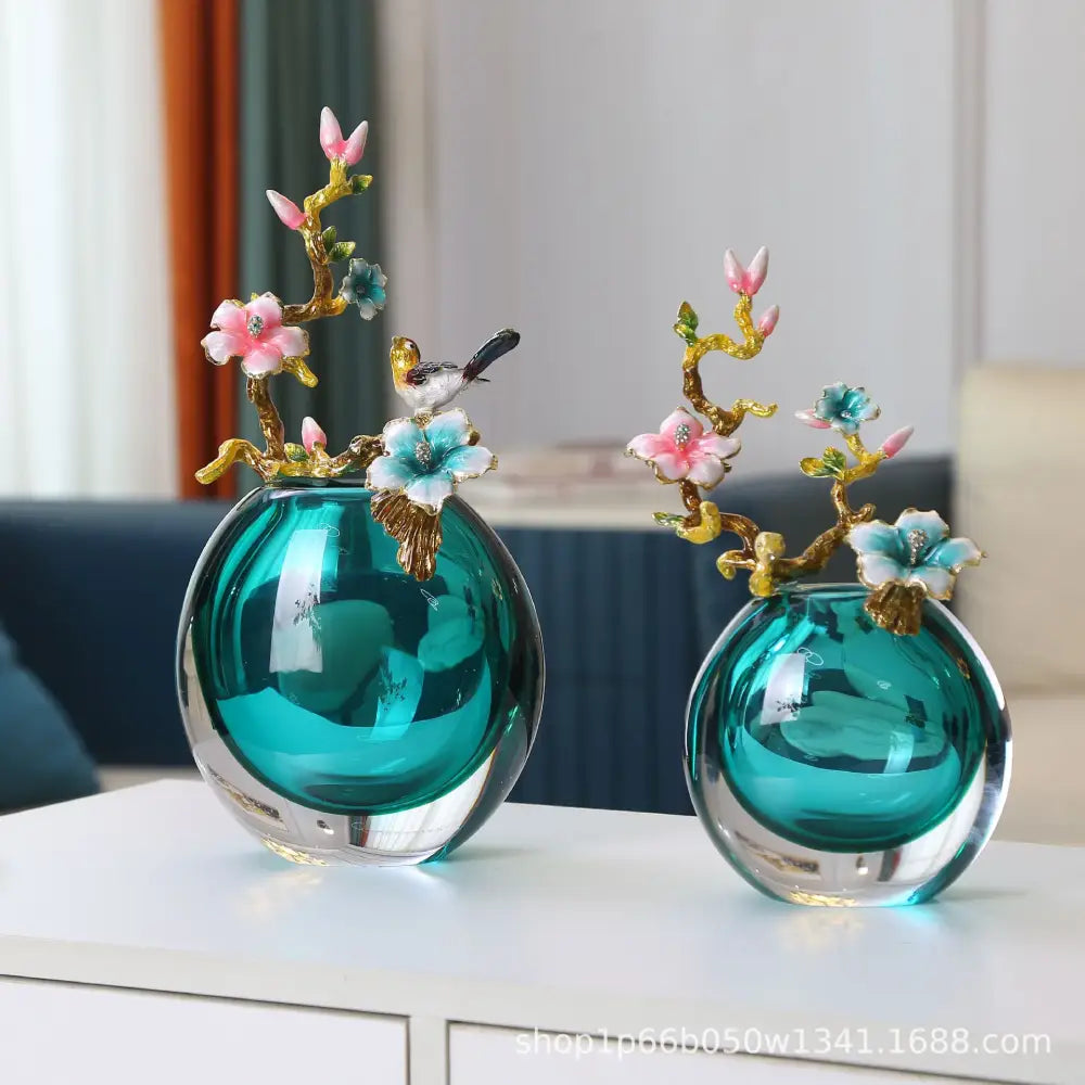 New chinese teal glass vases with gold toned enamel small ornaments and floral bird designs for living room decor