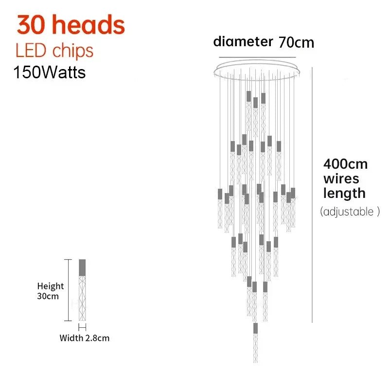 New Staircase Chandelier LED Modern Duplex Loft Spiral Long Chandelier Creative Villa Living Room Bedroom Hanging Crystal Light - Decorbites