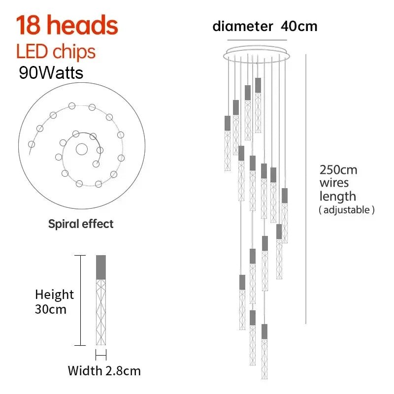 New Staircase Chandelier LED Modern Duplex Loft Spiral Long Chandelier Creative Villa Living Room Bedroom Hanging Crystal Light - Decorbites