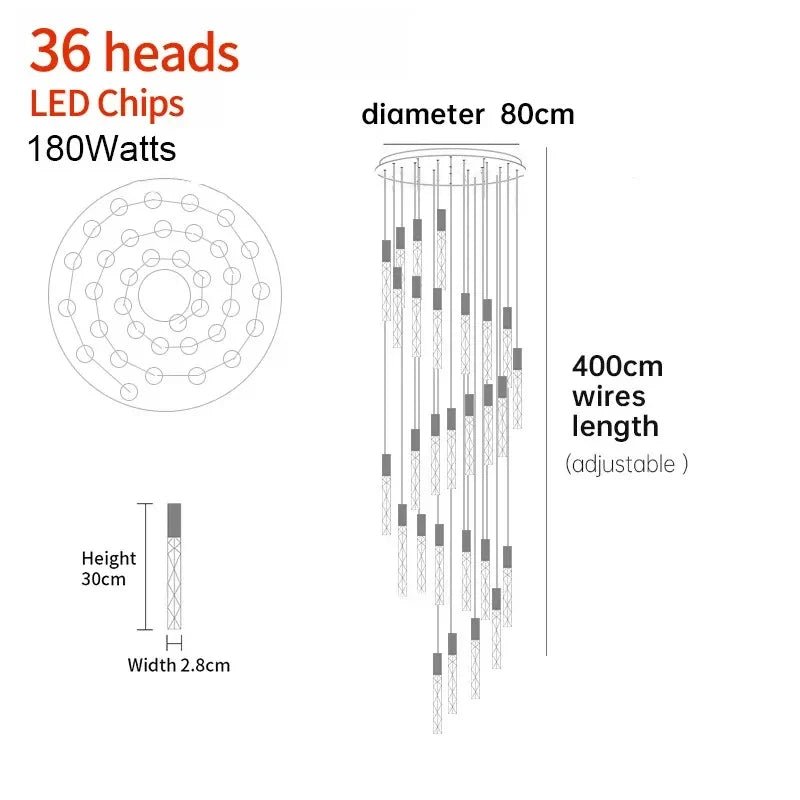 New Staircase Chandelier LED Modern Duplex Loft Spiral Long Chandelier Creative Villa Living Room Bedroom Hanging Crystal Light - Decorbites