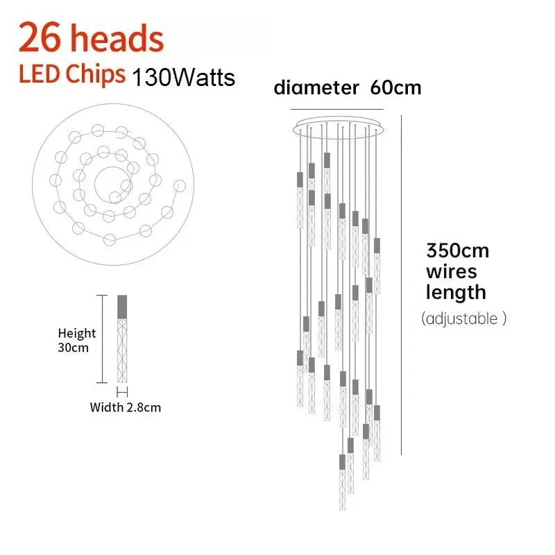 New Staircase Chandelier LED Modern Duplex Loft Spiral Long Chandelier Creative Villa Living Room Bedroom Hanging Crystal Light - Decorbites